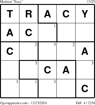 The grouppuzzles.com Medium Tracy puzzle for Monday December 23, 2024 with the first 3 steps marked