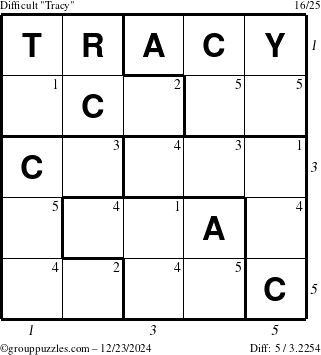 The grouppuzzles.com Difficult Tracy puzzle for Monday December 23, 2024, suitable for printing, with all 5 steps marked