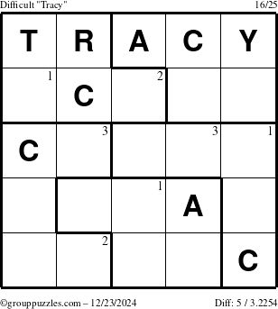 The grouppuzzles.com Difficult Tracy puzzle for Monday December 23, 2024 with the first 3 steps marked