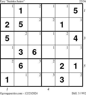 The grouppuzzles.com Easy Sudoku-Junior puzzle for Monday December 23, 2024, suitable for printing, with all 3 steps marked