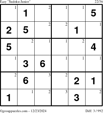 The grouppuzzles.com Easy Sudoku-Junior puzzle for Monday December 23, 2024 with the first 3 steps marked