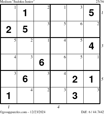 The grouppuzzles.com Medium Sudoku-Junior puzzle for Monday December 23, 2024 with all 6 steps marked