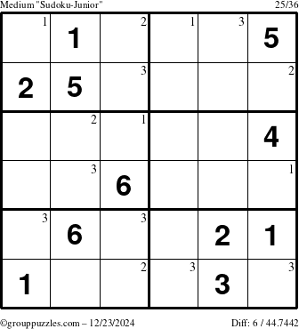 The grouppuzzles.com Medium Sudoku-Junior puzzle for Monday December 23, 2024 with the first 3 steps marked