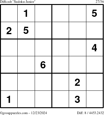 The grouppuzzles.com Difficult Sudoku-Junior puzzle for Monday December 23, 2024