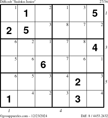 The grouppuzzles.com Difficult Sudoku-Junior puzzle for Monday December 23, 2024 with all 8 steps marked