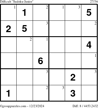 The grouppuzzles.com Difficult Sudoku-Junior puzzle for Monday December 23, 2024 with the first 3 steps marked