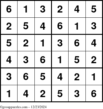 The grouppuzzles.com Answer grid for the Sudoku-Junior puzzle for Monday December 23, 2024