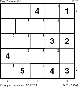 The grouppuzzles.com Easy Sudoku-5B puzzle for Monday December 23, 2024 with all 4 steps marked