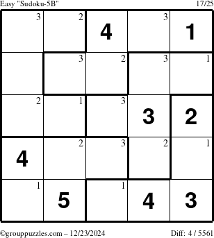 The grouppuzzles.com Easy Sudoku-5B puzzle for Monday December 23, 2024 with the first 3 steps marked