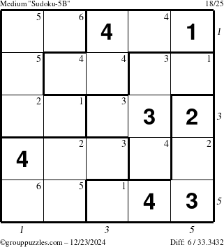 The grouppuzzles.com Medium Sudoku-5B puzzle for Monday December 23, 2024, suitable for printing, with all 6 steps marked