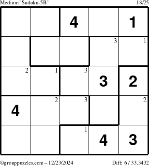 The grouppuzzles.com Medium Sudoku-5B puzzle for Monday December 23, 2024 with the first 3 steps marked