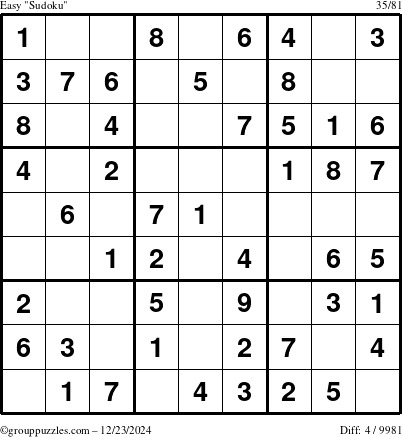 The grouppuzzles.com Easy Sudoku puzzle for Monday December 23, 2024