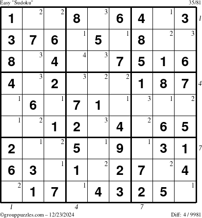 The grouppuzzles.com Easy Sudoku puzzle for Monday December 23, 2024 with all 4 steps marked