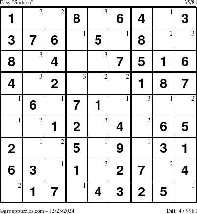 The grouppuzzles.com Easy Sudoku puzzle for Monday December 23, 2024 with the first 3 steps marked