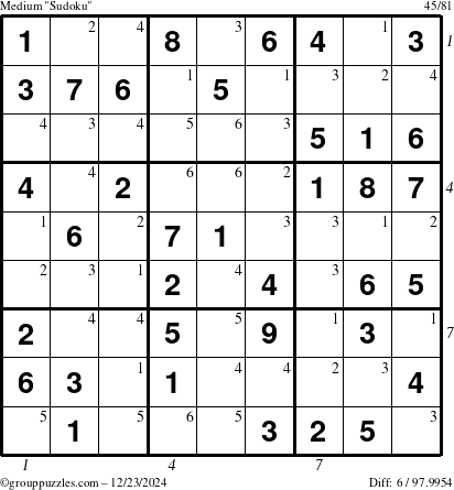 The grouppuzzles.com Medium Sudoku puzzle for Monday December 23, 2024, suitable for printing, with all 6 steps marked