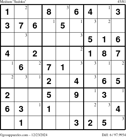 The grouppuzzles.com Medium Sudoku puzzle for Monday December 23, 2024 with the first 3 steps marked