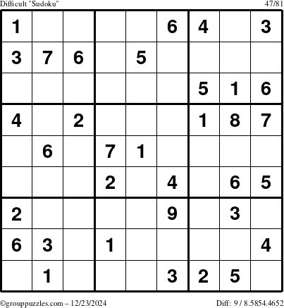 The grouppuzzles.com Difficult Sudoku puzzle for Monday December 23, 2024