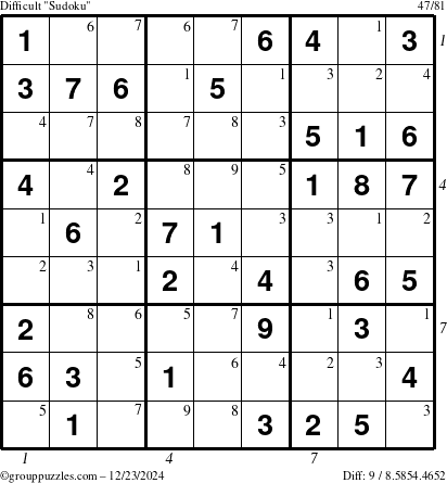 The grouppuzzles.com Difficult Sudoku puzzle for Monday December 23, 2024 with all 9 steps marked