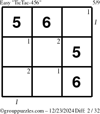 The grouppuzzles.com Easy TicTac-456 puzzle for Monday December 23, 2024 with all 2 steps marked