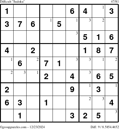 The grouppuzzles.com Difficult Sudoku puzzle for Monday December 23, 2024 with the first 3 steps marked