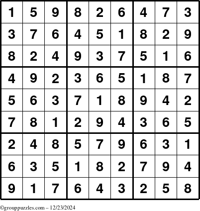 The grouppuzzles.com Answer grid for the Sudoku puzzle for Monday December 23, 2024