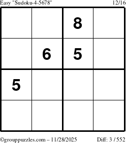 The grouppuzzles.com Easy Sudoku-4-5678 puzzle for Friday November 28, 2025