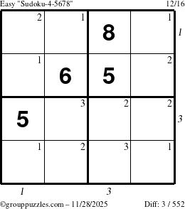The grouppuzzles.com Easy Sudoku-4-5678 puzzle for Friday November 28, 2025 with all 3 steps marked