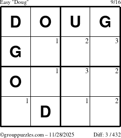 The grouppuzzles.com Easy Doug puzzle for Friday November 28, 2025 with the first 3 steps marked