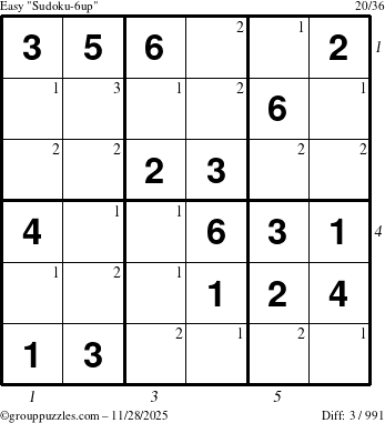 The grouppuzzles.com Easy Sudoku-6up puzzle for Friday November 28, 2025 with all 3 steps marked