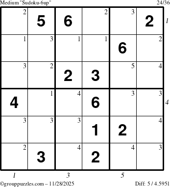 The grouppuzzles.com Medium Sudoku-6up puzzle for Friday November 28, 2025, suitable for printing, with all 5 steps marked