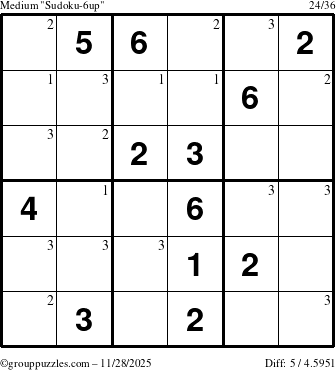 The grouppuzzles.com Medium Sudoku-6up puzzle for Friday November 28, 2025 with the first 3 steps marked