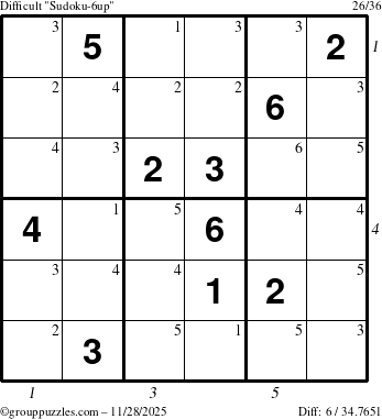 The grouppuzzles.com Difficult Sudoku-6up puzzle for Friday November 28, 2025 with all 6 steps marked