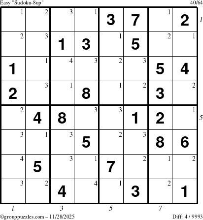 The grouppuzzles.com Easy Sudoku-8up puzzle for Friday November 28, 2025, suitable for printing, with all 4 steps marked