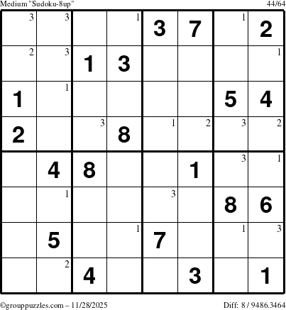 The grouppuzzles.com Medium Sudoku-8up puzzle for Friday November 28, 2025 with the first 3 steps marked