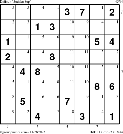 The grouppuzzles.com Difficult Sudoku-8up puzzle for Friday November 28, 2025 with all 11 steps marked