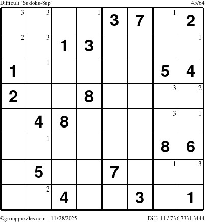 The grouppuzzles.com Difficult Sudoku-8up puzzle for Friday November 28, 2025 with the first 3 steps marked