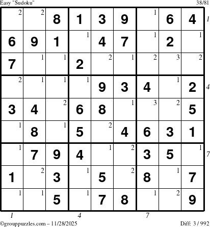 The grouppuzzles.com Easy Sudoku puzzle for Friday November 28, 2025 with all 3 steps marked