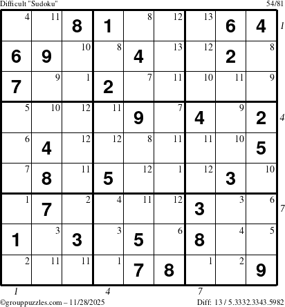 The grouppuzzles.com Difficult Sudoku puzzle for Friday November 28, 2025 with all 13 steps marked