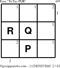 The grouppuzzles.com Easy TicTac-PQR puzzle for Friday November 28, 2025 with all 2 steps marked