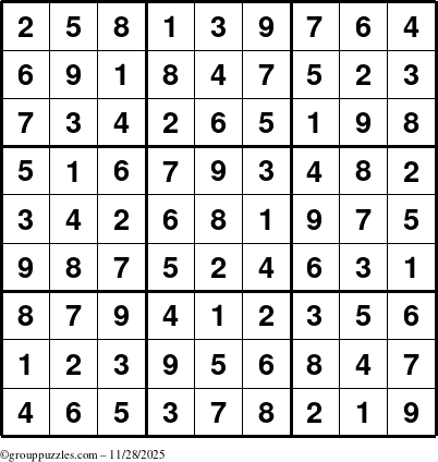 The grouppuzzles.com Answer grid for the Sudoku puzzle for Friday November 28, 2025