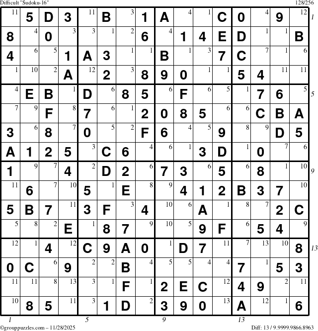 The grouppuzzles.com Difficult Sudoku-16 puzzle for Friday November 28, 2025 with all 13 steps marked