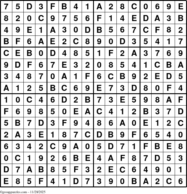 The grouppuzzles.com Answer grid for the Sudoku-16 puzzle for Friday November 28, 2025