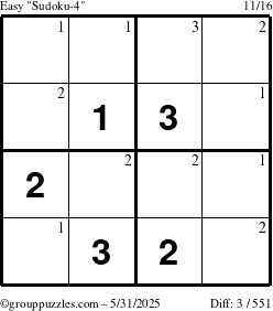The grouppuzzles.com Easy Sudoku-4 puzzle for Saturday May 31, 2025 with the first 3 steps marked