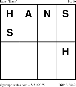The grouppuzzles.com Easy Hans puzzle for Saturday May 31, 2025