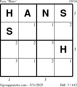 The grouppuzzles.com Easy Hans puzzle for Saturday May 31, 2025 with all 3 steps marked