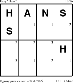 The grouppuzzles.com Easy Hans puzzle for Saturday May 31, 2025 with the first 3 steps marked