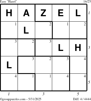 The grouppuzzles.com Easy Hazel puzzle for Saturday May 31, 2025 with all 4 steps marked