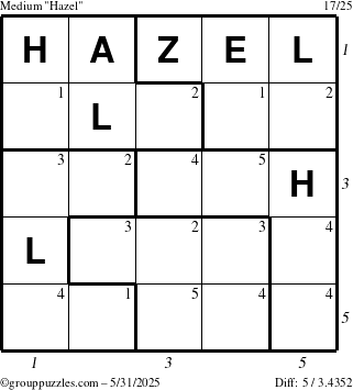The grouppuzzles.com Medium Hazel puzzle for Saturday May 31, 2025, suitable for printing, with all 5 steps marked
