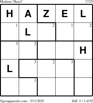 The grouppuzzles.com Medium Hazel puzzle for Saturday May 31, 2025 with the first 3 steps marked