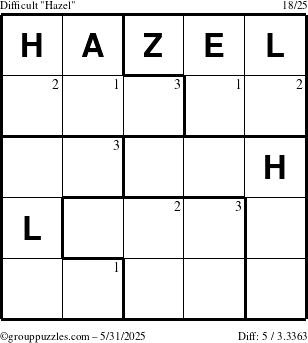 The grouppuzzles.com Difficult Hazel puzzle for Saturday May 31, 2025 with the first 3 steps marked